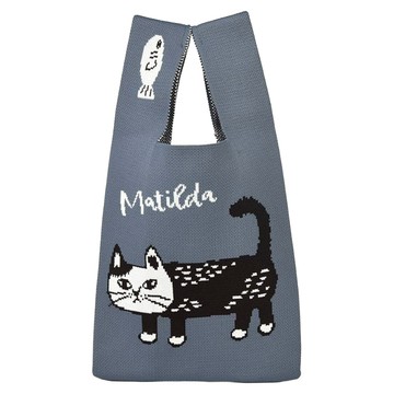 kUSUgURU JAPAN 日本眼鏡貓 和式手挽包 手拿包 日本眼鏡貓日式手挽包 輕便購物包 Matilda san款 附簡易掛繩可肩背  40 x 23 x 12cm  深灰色