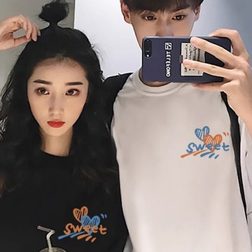 S~XL 左胸 SWEET雙色愛心 純棉 短T 情侶T【Y0947】MIT 情侶裝 快速出貨 短袖T 團體服 班服