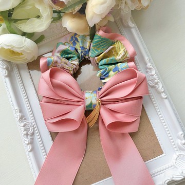 獨家款長尾蝴蝶結拼接大腸圈髮圈-橘粉色