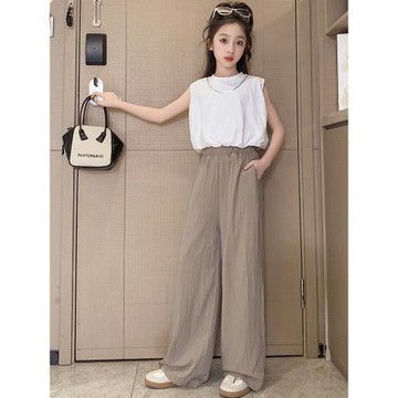 女童套裝2024夏季新款中大童洋氣時尚薄款女孩子網紅闊腿褲兩件套