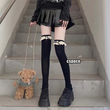 甜酷少女日系學院高筒襪蕾絲邊蝴蝶結絲帶過膝洛麗塔大腿襪長筒襪