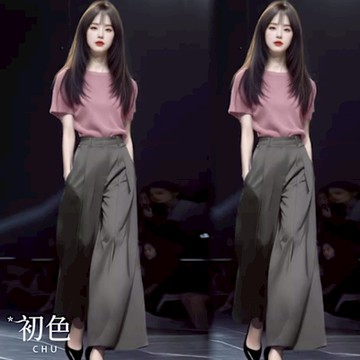 初色 日系圓領短袖T恤上衣女上衣+純色口袋西裝褲寬褲長褲套裝-粉衣灰褲-12309(M-2XL可選)