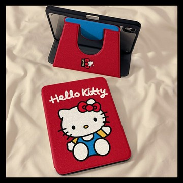 【360°旋轉防彎】iPad保護套 iPad11保護殼 iPad Air6保護殼 iPad10保護殼 平板保護套 平板殼 亞克力背板 卡通KT貓 紅色 防摔防刮 帶筆槽