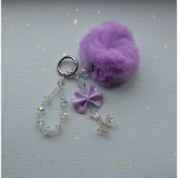 ☆星空燦爛水晶☆745.紫色蝴蝶結+柔軟毛球吊飾手機鍊