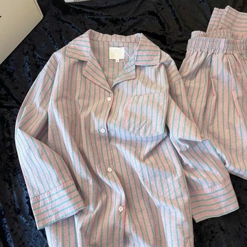 精品來襲 睡衣 春秋款休閒ins慵懶風雲朵棉條紋開衫睡衣女長袖長褲宿舍寬鬆套裝
