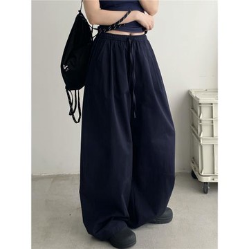【清倉價】高腰直筒闊腿休閑褲女夏季新款韓系寬松百搭拖地褲子黑