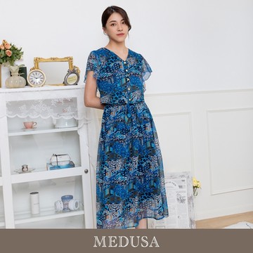 現貨【MEDUSA 曼度莎】藍色綁結假兩件式雪紡長洋裝（M-XL）｜休閒洋裝 雪紡洋裝