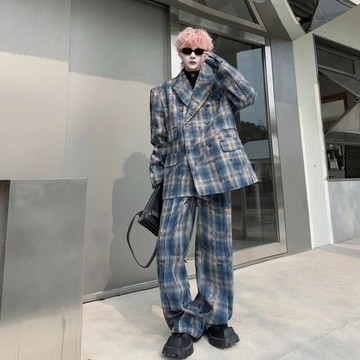 25春裝格子雙排扣結構寬松男士休閑西服套裝韓版帥氣紅藍格子套裝鑫弘-錦衣華服