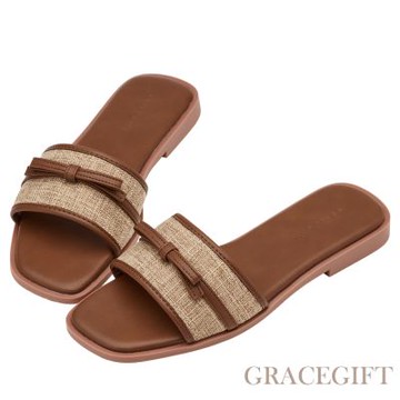 【Grace Gift】南法之旅亞麻寬帶蝴蝶結雲感平底拖鞋 淺咖