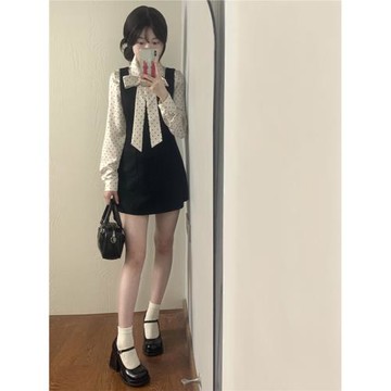 甜辣波點蝴蝶結飄帶襯衫富家千金背心連衣裙韓系春秋穿搭一整套裝