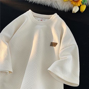 美式復古重磅短袖t恤男夏季高級感提花上衣潮牌寬松圓領半袖體恤