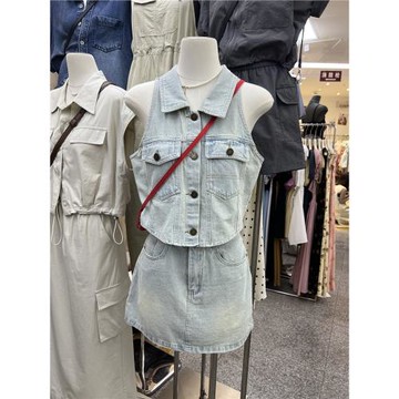 夏季十三行洗水淺藍辣妹Polo領單排扣背心+A字淑女短裙修身套裝女