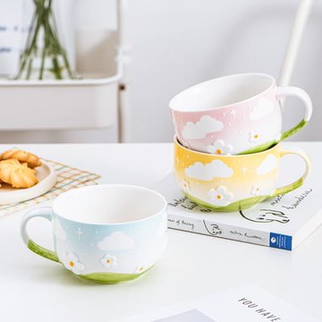 杯子家用喝水杯辦公室浮雕漸變花朵大容量陶瓷馬克杯牛奶早餐杯女