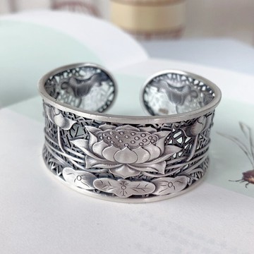 999純銀鏤空蓮花手鐲女開口寬版手環夸張百搭個性鏤空復古鐲子
