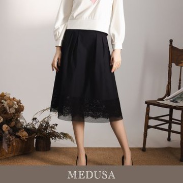 現貨【MEDUSA 曼度莎】典雅蕾絲網布下襬壓摺裙（M-XL）｜中長裙 氣質裙裝 百搭長裙