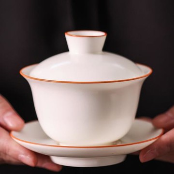 開片白瓷汝窯三才蓋碗茶杯可養陶瓷茶具配件單個不燙手汝瓷泡茶碗