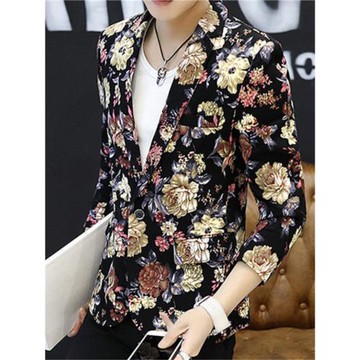 秋季時尚碎花印花西服男發型師修身西裝經典花紋衣服純棉舒服潮搭