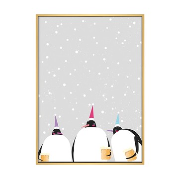 醉醺醺的企鵝三兄弟 卡通企鵝裝飾畫  70 x 50cm  木色