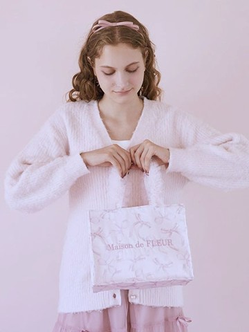 淡粉蝴蝶結印花薄紗摺邊手提托特包【S】(08000826400) - Maison de FLEUR