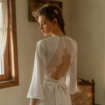白色蕾絲婚禮晨袍女秋冬新娘長款睡衣露背性感法式睡袍伴娘服紅色