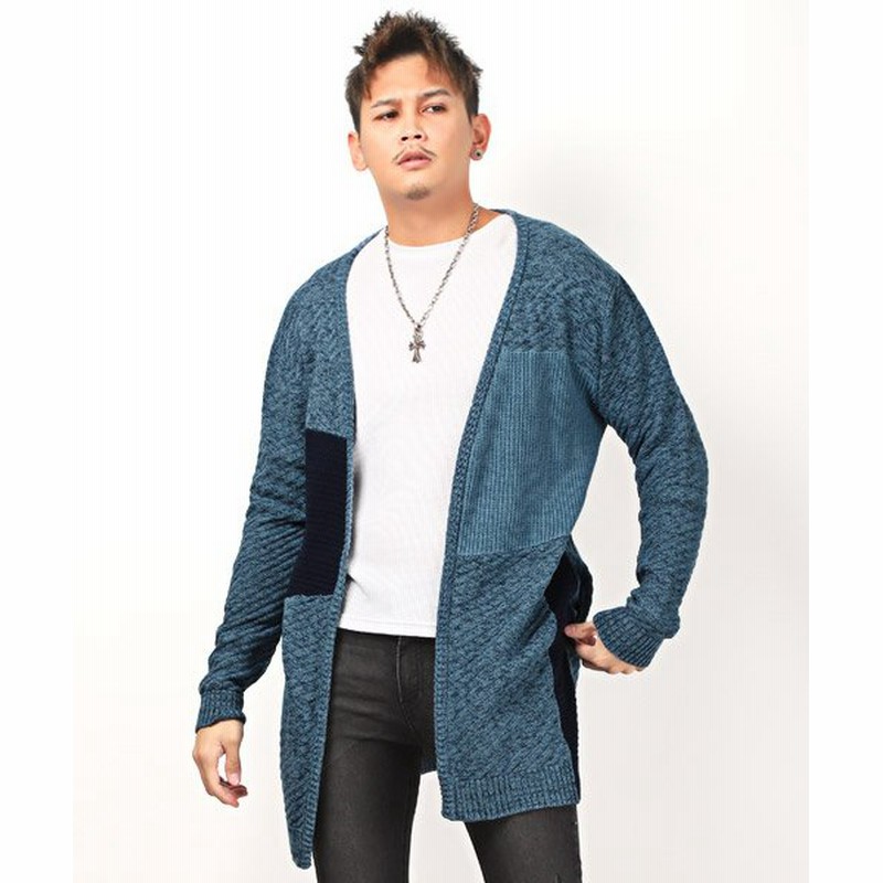 ラグスタイル パッチワークセミロングカーディガン カーディガン メンズ ロングカーディガン パッチワーク ボタンレス メンズ ネイビー L Luxstyle 通販 Lineポイント最大get Lineショッピング
