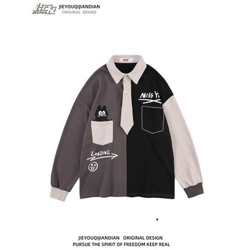 潮牌學院風長袖情侶裝寬松POLO衫