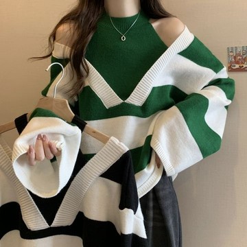 『ATC』 假兩件掛脖露肩長袖套頭毛衣女2026新款秋冬洋氣寬鬆顯瘦別緻00