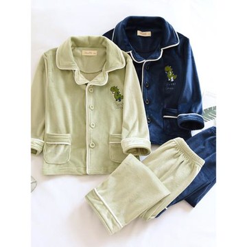 兒童秋冬加厚海島絨長袖睡衣套男童日系刺繡恐龍可愛保暖家居服