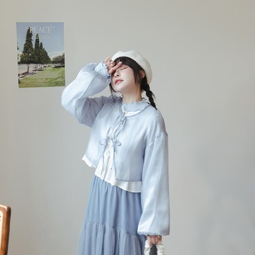 光澤透膚網紗雙綁帶罩衫 兩色售