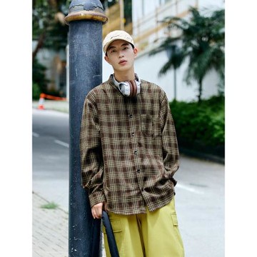 PSO Brand男女裝250克格子錯位口袋美式復古格紋長袖襯衫寬松襯衣