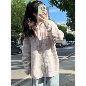 早春彩虹條紋軟糯毛衣外套女秋冬季韓系穿搭寬松慵懶針織開衫上衣