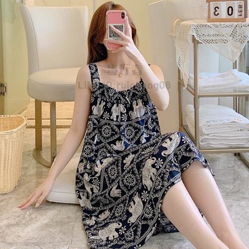 外穿吊帶睡裙女夏棉綢睡衣裙子性感綿綢連身裙人造棉睡衣裙大碼【步行者戶外生活館】