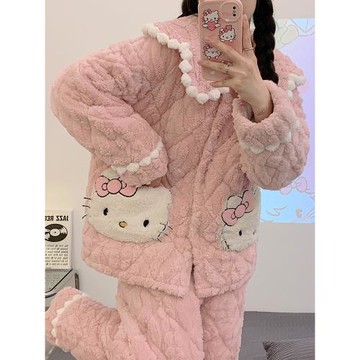 高級感睡衣女款可愛娃娃領保暖夾棉襖加厚法蘭絨秋冬款家居服套裝