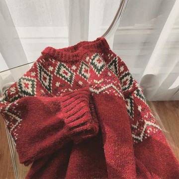 韓風復古費爾島毛衣女秋冬設計感紅色圣誕寬松慵懶加厚針織衫上衣
