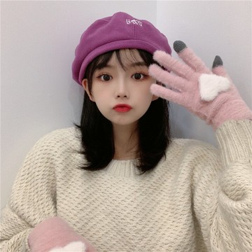 ins可觸屏毛絨愛心手套女韓版冬天加厚保暖學生簡約騎車騎行可愛