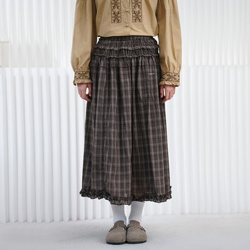 木耳邊拼接格紋A字中長裙121992C