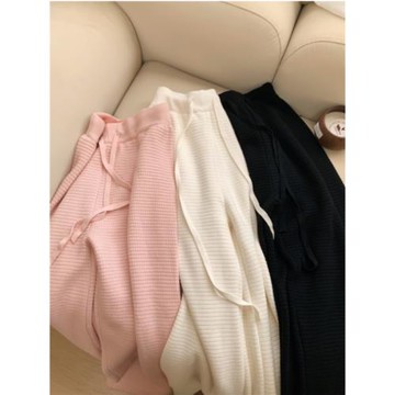 白色華夫格針織闊腿褲女春季2025新款加絨加厚羊毛褲子百搭直筒褲