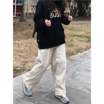 春秋純棉米白色直筒工裝褲日系女休閑褲寬松bf慵懶風小個子闊腿褲