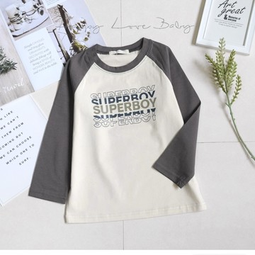 潮風超級男孩拼接手袖杏色薄棉長袖上衣 秋冬童裝 男童上衣 男童長袖 男童棉T 長袖上衣 秋冬上衣