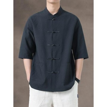 新中式夏季薄款唐裝短袖襯衫中國風寬松大碼圓領中山裝男茶服半袖