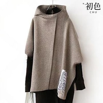 初色 日系純色連帽落肩袖五分袖不規則開衫上衣女上衣-共2色-38057(M/L可選)