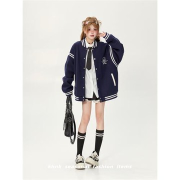 學院風寬松拼接毛呢棒球服外套女春秋季2026新款高級感小個子夾克