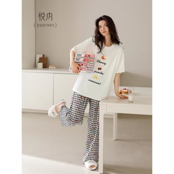 (免運)悅內帶胸墊睡衣女夏季夏款短袖長褲純棉家居服休閑可外穿出門夏天