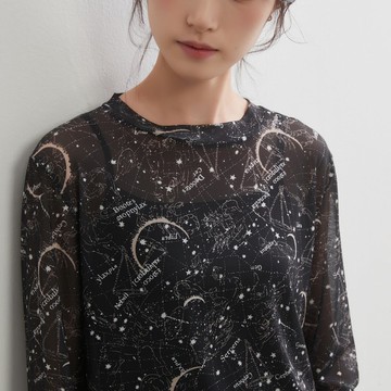 星座與點點兩款印花透視網紗長袖上衣