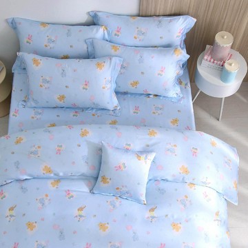 雙人兩用被套加大床包組/ 天絲300織 / 天絲 萊賽爾 / 雲朵兔兔-藍 [鴻宇] 台灣製 - T20208