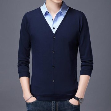 秋季衣服長袖T恤男寬松襯衫領假兩件男裝上衣中年小衫加大碼秋衣