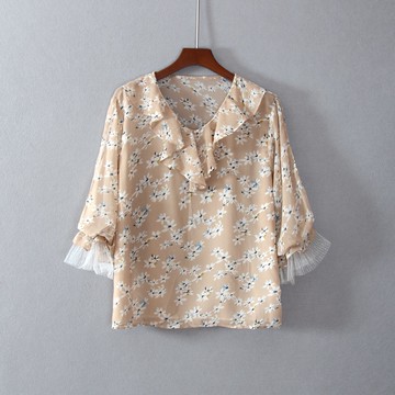 女裝直筒寬松七分袖V領花朵印花套頭襯衫內襯