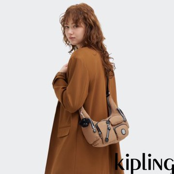 Kipling 淺棕色多拉鍊收納斜肩兩用包-ETSU