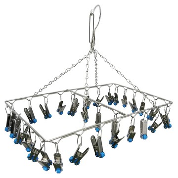 雙手萬能 方型不鏽鋼秒收曬衣夾 32夾 不易變形生鏽 封閉式防風掛鉤  銀色  1個