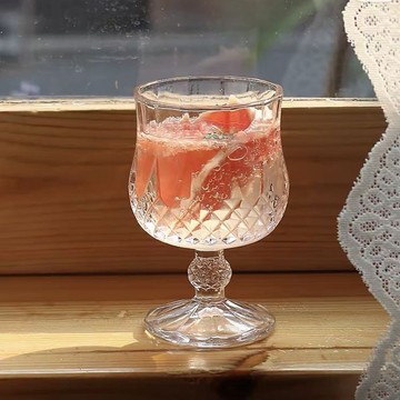 🔶台灣發貨🔶復古玻璃杯浮雕鑽石高腳杯ins高顏值水杯飲料杯雞尾酒杯紅酒杯子